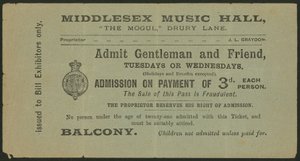 Biljett till Middlesex Music Hall, The Mogul, Drury Lane, London av English School
