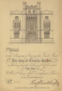 Biljett till nedläggningen av den första stenen i City of London School, 21 oktober 1835 av English School