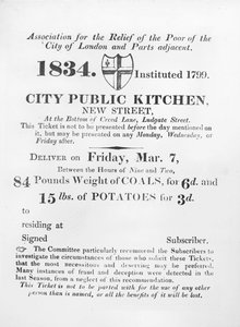 Biljett utfärdad till de fattiga för att ta emot kol och potatis från City Public Kitchen, New Street, London, 1834 av English School