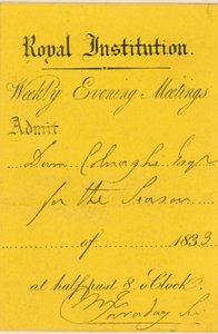 Entrébiljett till Royal Institution, Albemarle Street, London, till en föreläsning av Michael Faraday av English School