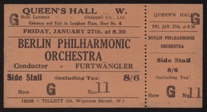 Biljett till en konsert av Berlin Philharmonic Orchestra, Queens Hall, London fredagen den 27 januari 1928 av English School