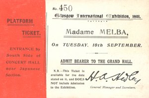 Biljett för att höra Nellie Melba på Glasgow International Exhibition, 1901 (tryckt) av English School
