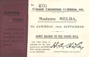 Biljett för att höra Nellie Melba på Glasgow International Exhibition, 1901 (tryckt) av English School