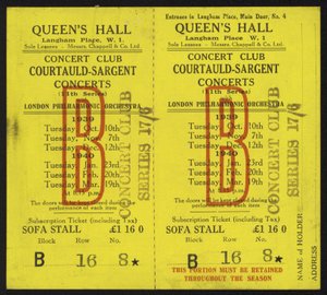 Biljett till Courtauld-Sargent-konserterna, Queens Hall, Langham Place, London, 1939-1940 av English School
