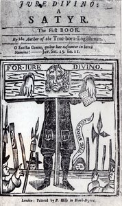 Titelsidan för den första boken Jure Divino - A Satyr av Daniel Defoe (1660-1731) publicerad 1706 av English School