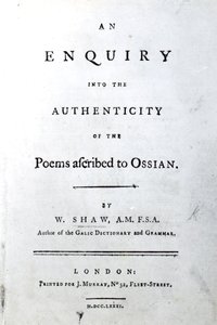 Titelsida för En undersökning om äktheten av dikterna som tillskrivits Ossian av William Shaw, publicerad 1781 (tryckt papper) av English School