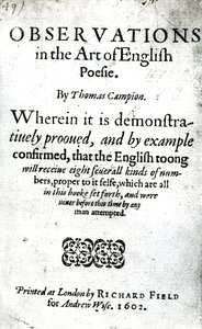Titelsida för Observations in the Art of English Poesie av Thomas Campion, publicerad 1602 (tryckt papper) av English School