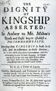 Titelsida för The Dignity of Kingship Asserted by G.S. a Lover of Loyalty, publicerad 1660 (tryckt papper) av English School