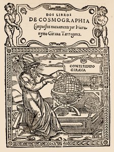 Titelsida för Two Books of Cosmography av Hieronymo Girana Tarragones, från The Narrative and Critical History of America, redigerad av Justin Winsor, London, 1886 (träblocktryck) av English School