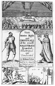 Titelsida till den gudomliga rättigheten och originalet av civildomaren från Gud, graverade av Edward Gee, 1658 av English School