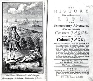 Titelsida och frontispice för historien om den verkligt ärade överste Jaques mest anmärkningsvärda liv och extraordinära äventyr av Daniel Defoe, 1738 av English School