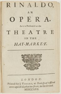 Titelsida från librettot av Händels opera "Rinaldo", av Giacomo Rossi, 1717 av English School