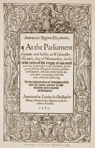 Titelsidan för Acts of Parliament, tryckt av Christopher Barker (1528-99), 1585 (sepiafoto) av English School