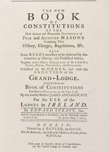 Titelsidan av Spratts Book of Constitutions for the Grand Lodge in Ireland, 1751 av English School