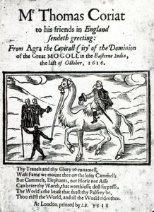 Titelsidan för Thomas Coryats postumt tryckt berättelse om hans resor i Indien, publicerad i London, 1618 (tryckt papper & träsnitt) av English School