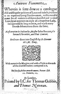 Titelsida till Amorous Fiammetta av Giovanni Boccaccio, engelsk översättning publicerad 1587