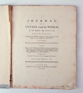 Titelsida för A Journal of a Voyage Around the World in His Majestys Ship Endeavour under åren 1768, 1779, 1770 och 1771, publicerad i London, 1771 (tryckt) av English School