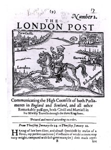 Titelsida för "The London News", som kommunicerar de höga råden från båda parlamenten i England och Skottland av English School