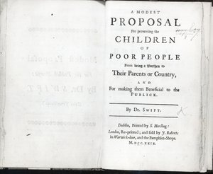 Titelsida till A Modest Proposal av Jonathan Swift, publicerad 1729 (tryckt) av English School