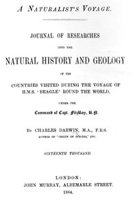 Titelsida till A Naturalists Voyage Around the World av Charles Darwin, upplaga publicerad 1884 (tryckt papper) av English School