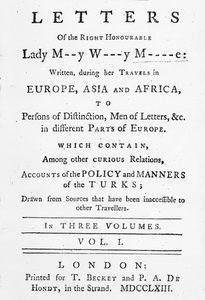 Titelsida till Letters of the Right Honorable Lady Mary Wortley Montagu, skriven under hennes resor i Europa, Asien och Afrika, publicerad 1763 (tryckt papper) av English School