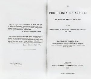 Titelsida till On the Origin of Species av Charles Darwin, publicerad 1859 av English School