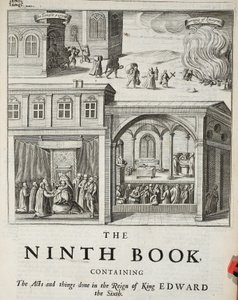Titelsida till den nionde boken, illustration från Acts and Monuments av John Foxe, nionde upplagan, pub. 1684 av English School
