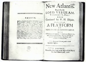 Titelsidor till Francis Bacons New Atlantis, utgåva publicerad 1660 (tryck) av English School