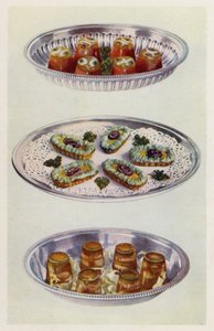 Tomatkrämer, ansjovisgondoler, räkor i aspik (färglitografi) av English School