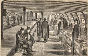 Toppdäck på Unite-sjukhusets skepp, fäst vid hulken i Woolwich, illustration från The Criminal Prisons of London och Scenes from Prison Life av Henry Mayhew och John Binny, pub. 1862 (gravyr av English School
