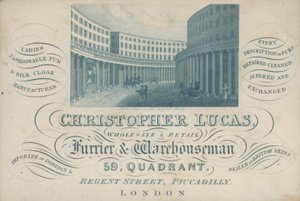 Handelskortsreklam Christopher Lucas, grossist och detaljhandel buntmästare och lagerman, 59, Quadrant, Regent Street, Piccadilly, London (gravyr) av English School