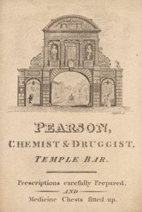 Handelskort för Pearson, kemist och drogist, Temple Bar, London (gravyr) av English School