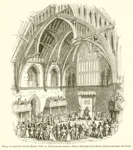 Rättegång mot Lambert inför Henry VIII i Westminster Abbey av English School
