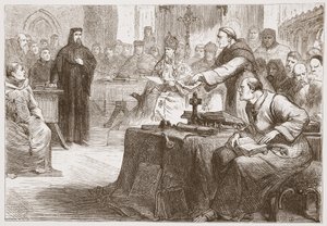 Trial of Wicliffe, illustration från The History of Protestantism av James Aitken Wylie (1808-1890), pub. 1878 av English School