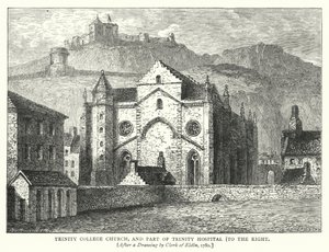 Trinity College Church, och en del av Trinity Hospital, till höger (gravyr) av English School