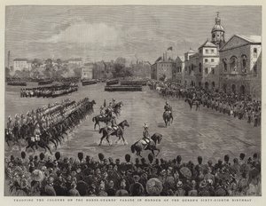 Trooping the Colors on the Horse-Guards"-parad för att hedra drottningens sextioåtta födelsedag av English School
