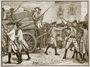 Trupper som eskorterar det stämplade papperet till stadshuset, New York, 1766, illustration från Cassells Illustrated History of England (sepiafoto) av English School