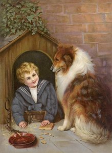 Turned Out - Pojke som låtsas vara colliehund (färglitografi) av English School