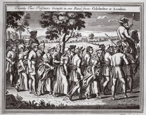 Tjugotvå fångar tog in ett band från Colchester till London, illustration från Foxes Martyrs c.1703 av English School