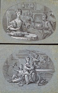 Two Domestic Scenes, c.1725 (svartvit krita på blått papper) av English School