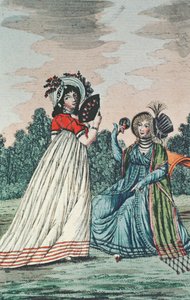 Två fashionabla damer i en trädgård, ca 1800 (färggravyr) av English School