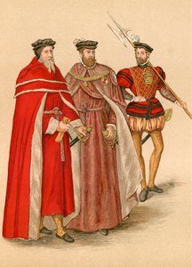 Två kamrater i sina dräkter och en halberdier (färglitografi) av English School