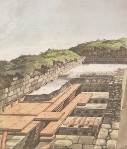 Underjordiskt värmesystem för en romersk villa i England, publicerad 1797 (handfärgad litho) av English School