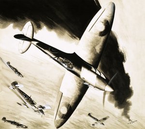 Oidentifierad Spitfire i luftstrid med tyska fighters av English School