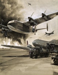 Oidentifierat flygplan med staden som brinner i bakgrunden av English School