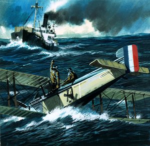 Unidentifiziertes Doppeldeckerflugzeug stürzt ins Meer von English School