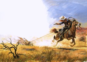 Oidentifierad cowboy skjuter på ett bergslejon med lasso av English School