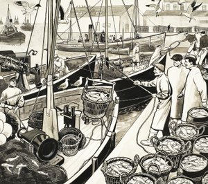 Oidentifierad fiskehamn med fisk vid kajen av English School