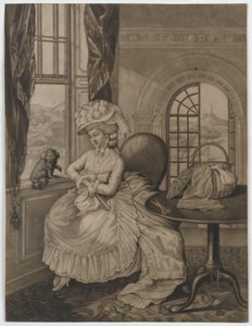Untitled (kvinna som sitter vid ett fönster angående en liten hund), c.1780 (mezzotint) av English School