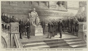 Avtäckning av statyn av den sene Charles Darwin i Natural History Museum, South Kensington av English School
